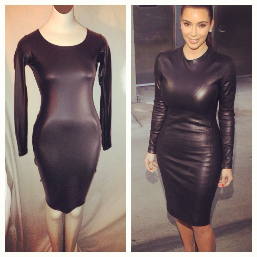 Liquid leather long sleeves fitted midi Dress,